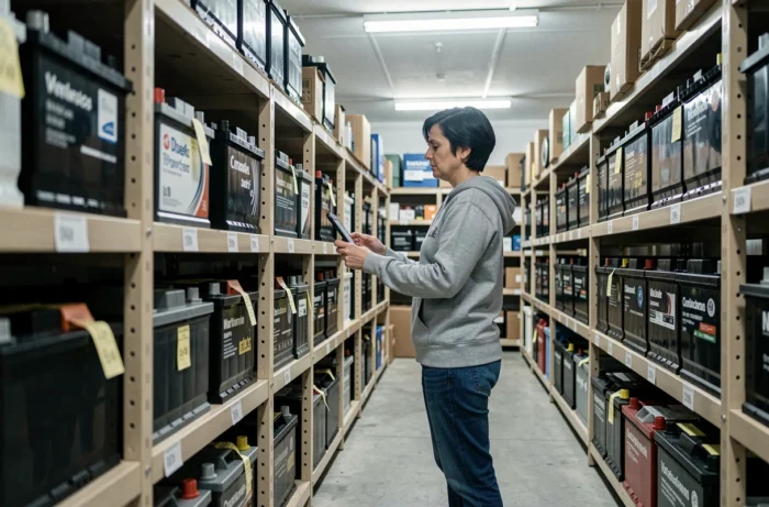 Femme cherchant une batterie auto d'occasion dans un magasin de pièces automobiles reconditionnées