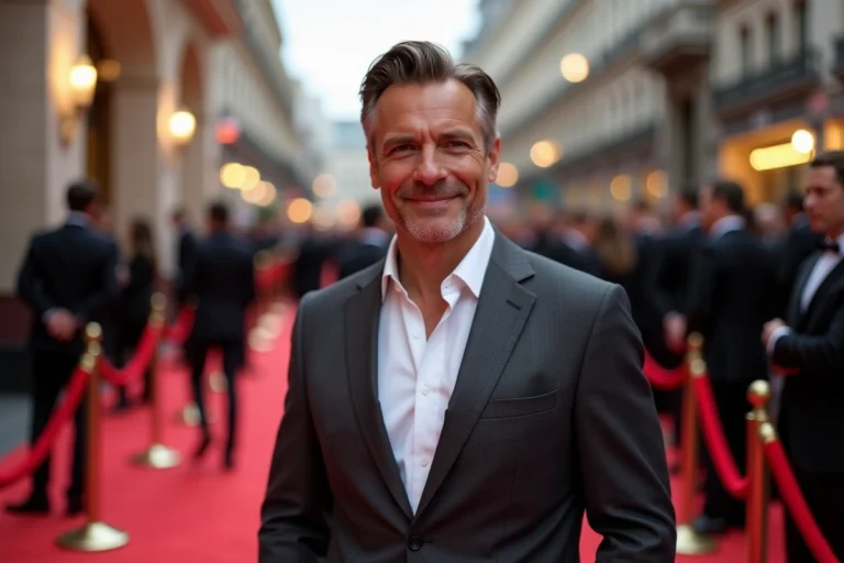 Acteur masculin en costume sombre sur le tapis rouge d'un festival de cinéma international