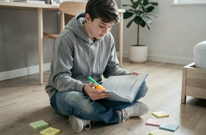Adolescent assis par terre dans sa chambre qui étudie un manuel de grammaire française ouvert sur un chapitre consacré aux verbes d'état avec des notes autocollantes