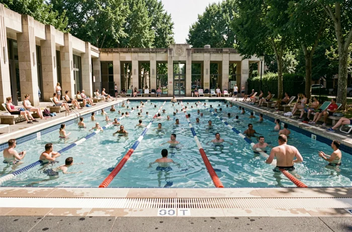 Vue grand angle d'une piscine parisienne bondée en après-midi, illustrant l'affluence aux heures de pointe