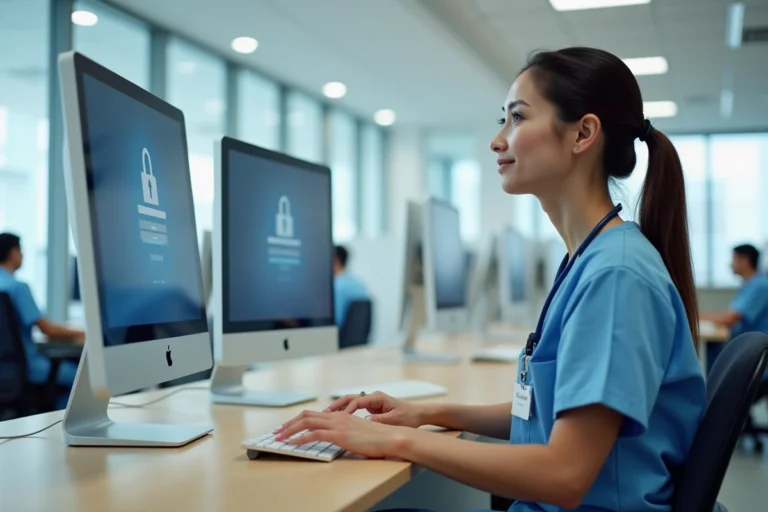 Agent hospitalier du CHU de Toulouse connectée à son poste de travail informatique sur le logiciel Chronos