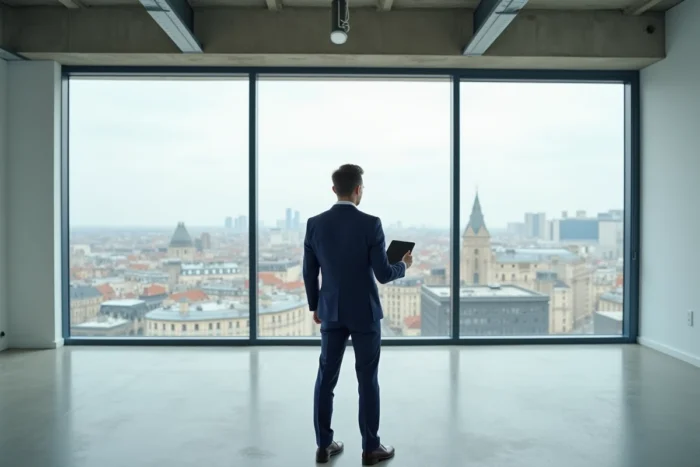 Un agent immobilier présente un appartement moderne avec vue sur une ville française via une tablette numérique, incarnant la transformation digitale des services immobiliers en France