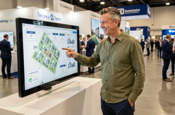 Agent immobilier présentant les nouvelles fonctionnalités et services d'une plateforme immobilière lors d'un salon professionnel