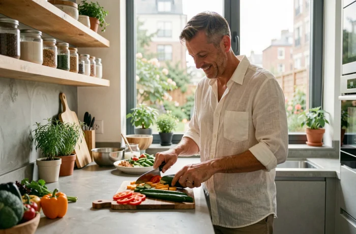 Homme préparant un repas sain et équilibré dans une cuisine moderne avec des légumes frais colorés