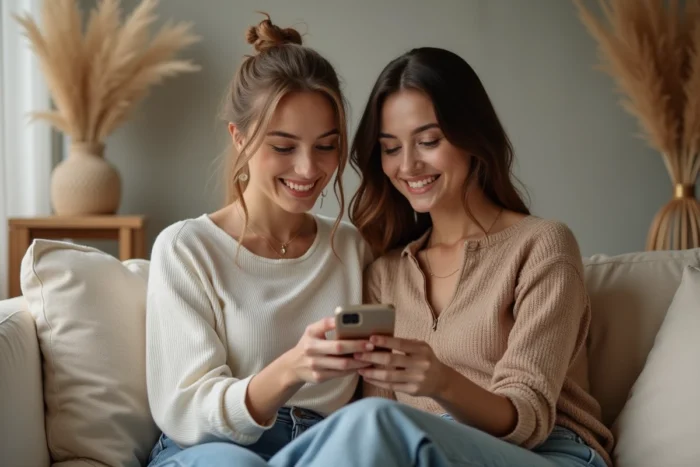 Deux amies consultant ensemble une application de mode tendance sur smartphone dans un salon décoré avec soin
