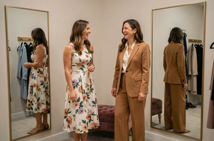 Deux amies essayant des tenues tendance dans une cabine d'essayage élégante, comparant leurs looks avec des sacs de shopping autour d'elles