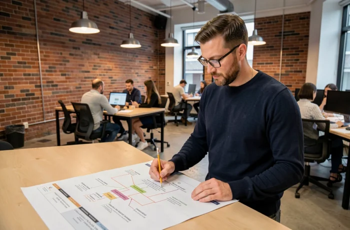 Homme analysant la structure d'un site web sur un plan imprimé dans un espace de coworking