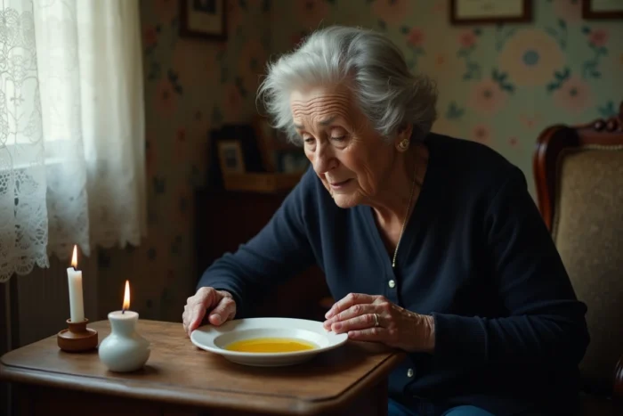 Ancienne femme âgée réalisant un rituel traditionnel avec de l'huile d'olive contre le mauvais œil dans un salon authentique