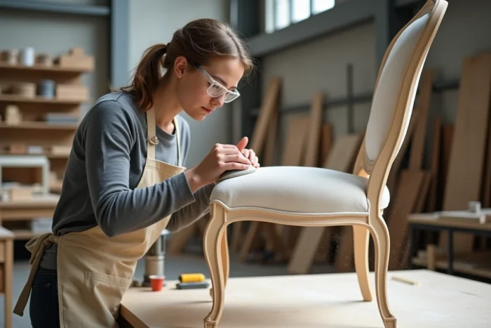 Apprentie ébéniste ponçant le pied d'un fauteuil classique en formation dans un atelier d'école professionnelle