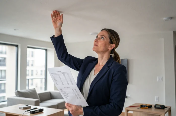 Architecte analysant les spécifications de résistance à l'arrachement d'un plafond placo dans un appartement moderne