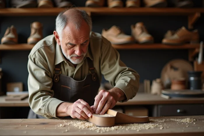 Artisan cordonnier façonnant une semelle en bois pour une sandale orthopédique dans un atelier traditionnel