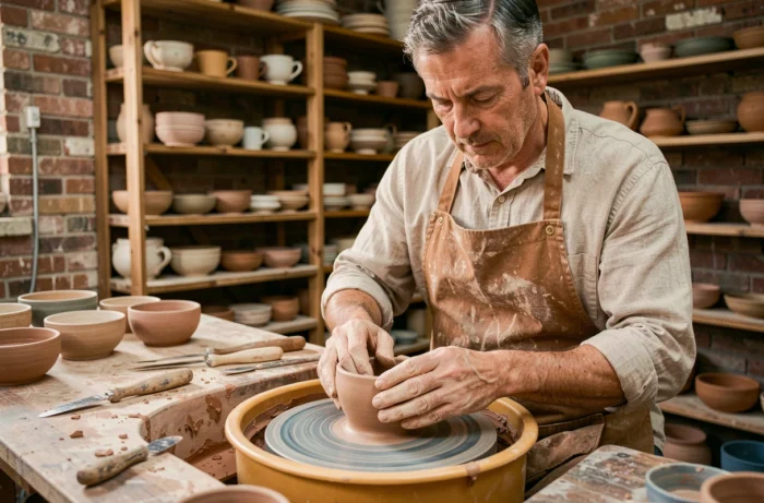 Artisan potier façonnant un bol en argile sur un tour de poterie dans un atelier traditionnel