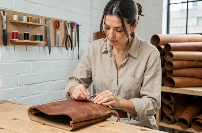 Artisane maroquinière cousant à la main un sac en cuir dans un atelier moderne