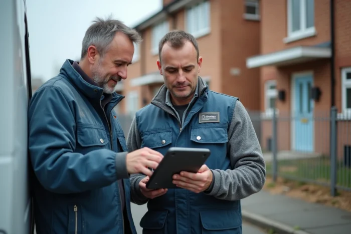 Deux artisans du bâtiment consultant ensemble une application de gestion de chantiers sur tablette devant un chantier de rénovation