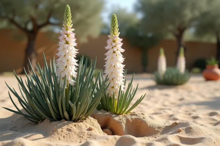 Asphodèle méditerranéen en fleur avec ses racines tubéreuses charnues mises à nu dans un sol sableux ensoleillé