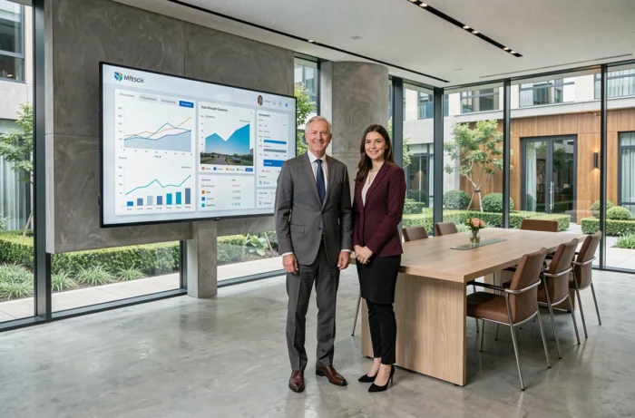 Deux associés examinant des données d'investissement patrimonial sur un écran interactif dans une salle de réunion de banque privée