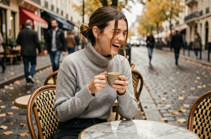 Portrait candide d'une mannequin similaire à Béatrice Vonderweidt attablée dans un café parisien en automne, moment de vie privée authentique
