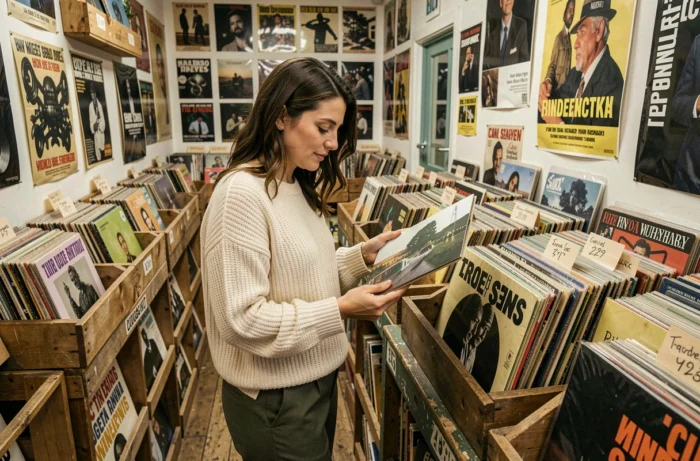 Mannequin évoquant Béatrice Vonderweidt dans un magasin de disques indépendant, révélant ses goûts personnels et sa vie quotidienne