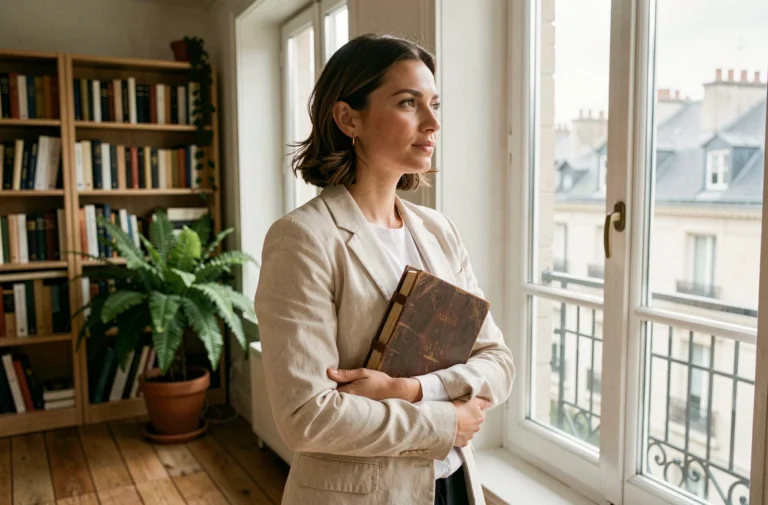 Mannequin Béatrice Vonderweidt photographiée dans un appartement parisien, tenant un journal intime, ambiance éditoriale naturelle