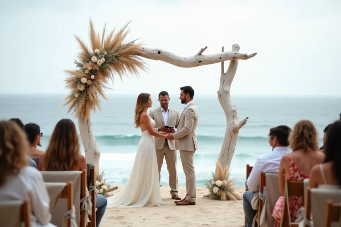 Cérémonie de mariage intimiste sur une falaise côtière avec arche en bois flotté et invités assis face à l'océan Atlantique