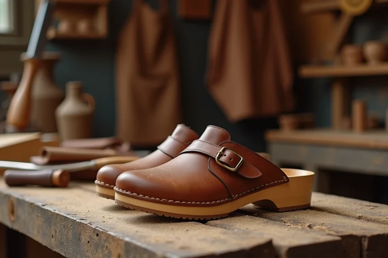 Chaussures Scholl en bois et cuir posées sur un établi d'artisan avec des outils de fabrication traditionnels