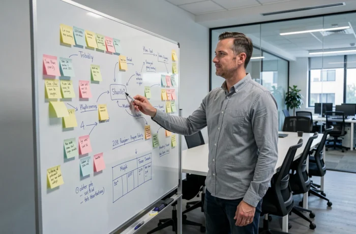 Chef de projet entrepreneur présentant un tableau de planification stratégique dans une salle de réunion startup