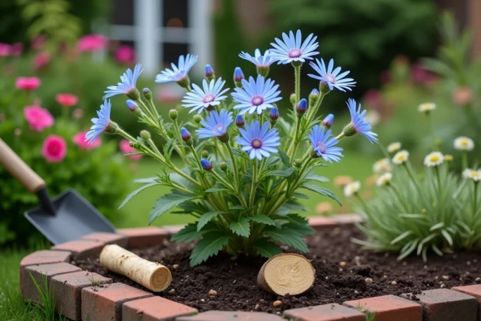 Chicorée sauvage avec ses fleurs bleu vif caractéristiques et sa racine pivotante épaisse mise à nu dans un massif de jardin