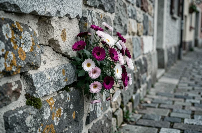 Chrysanthèmes sauvages poussant à travers un vieux mur de pierre, illustration de la résilience et de la force des fleurs