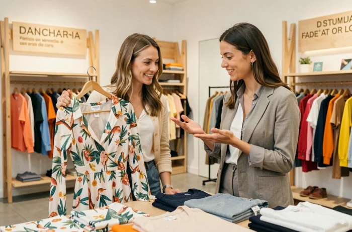 Deux clientes découvrant les nouveautés mode dans le magasin de vêtements de Dancharia près de la frontière basque