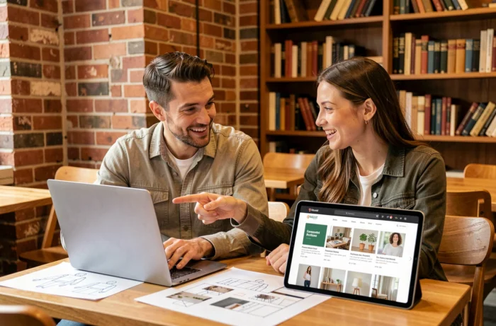 Deux jeunes professionnels collaborant sur la création d'un site web autour d'un laptop et de maquettes imprimées dans un café