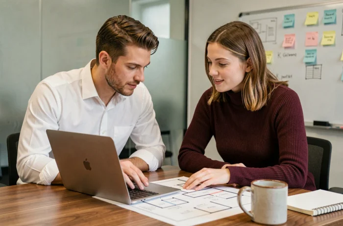 Deux professionnels de l'immobilier collaborant sur les mises à jour et évolutions d'une plateforme numérique immobilière en réunion