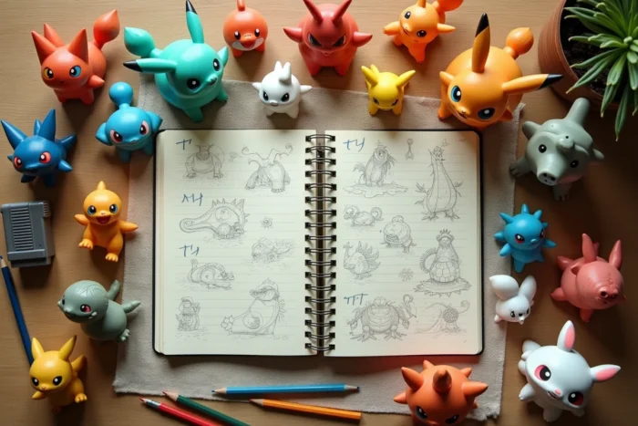 Vue aérienne d'une collection de figurines Pokémon dont les noms commencent par T avec des fiches manuscrites