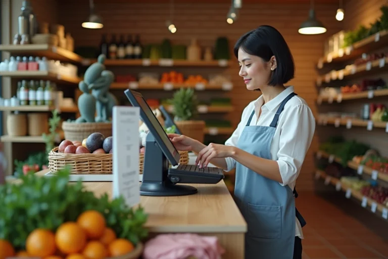 Commerçante utilisant une caisse enregistreuse tactile moderne dans une épicerie de quartier en France