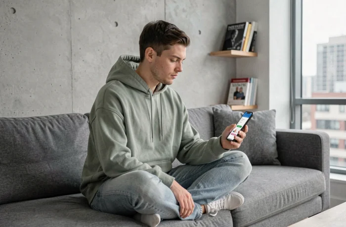 Personne assise sur un canapé dans un appartement minimaliste comparant des abonnements à des plateformes numériques concurrentes sur smartphone
