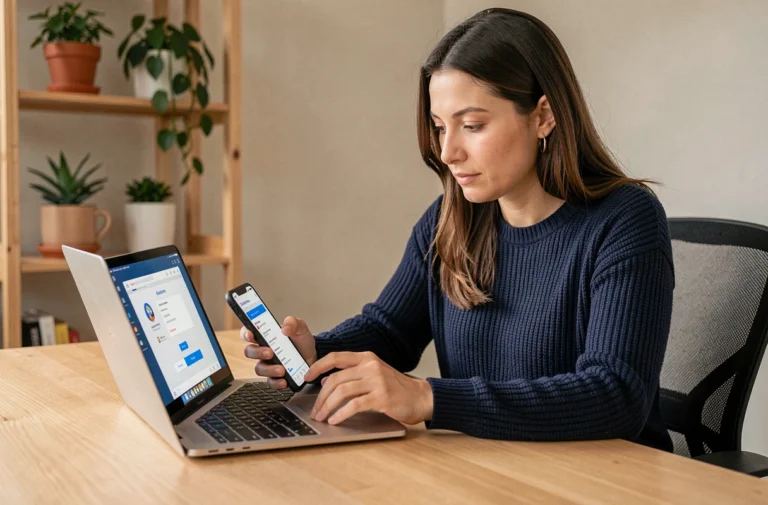 Femme comparant deux services numériques sur ordinateur portable et smartphone à son bureau à domicile en 2026