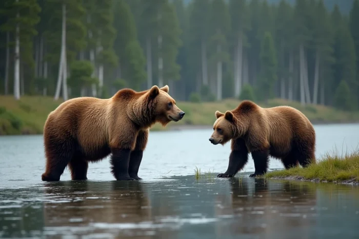 Comparaison de taille entre un grizzly et un ours brun européen au bord d'une rivière sauvage, montrant clairement les différences morphologiques entre les deux espèces