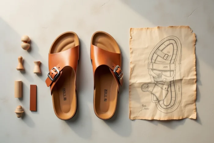 Vue à plat des composants d'une sandale Scholl incluant semelle en bois, sangle en cuir et croquis de conception