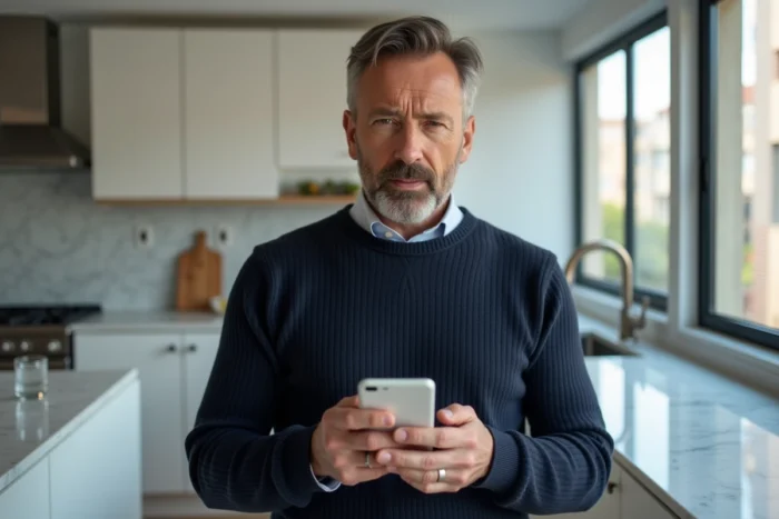 Homme consultant l'application MyFoncia sur son smartphone pour gérer son espace locataire