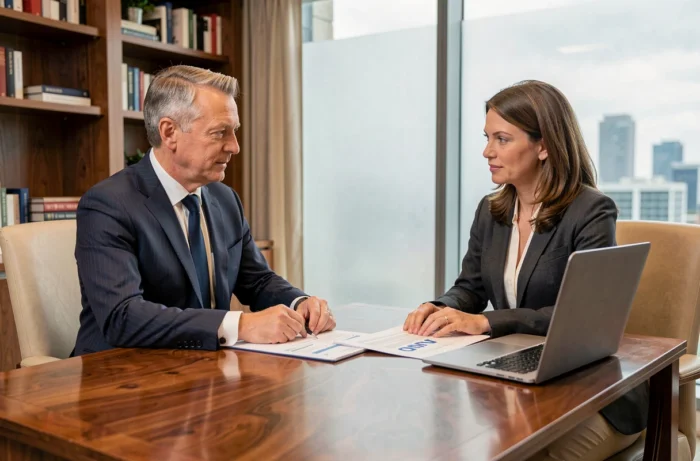Conseiller en banque privée BNP Paribas discutant de la gestion de patrimoine avec un client dans un bureau élégant