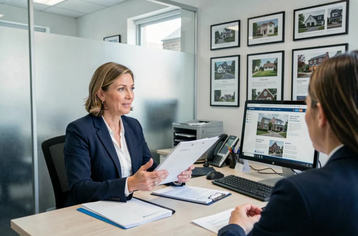 Conseillère immobilière en réunion avec des clients dans une agence moderne pour discuter d'un projet d'achat immobilier