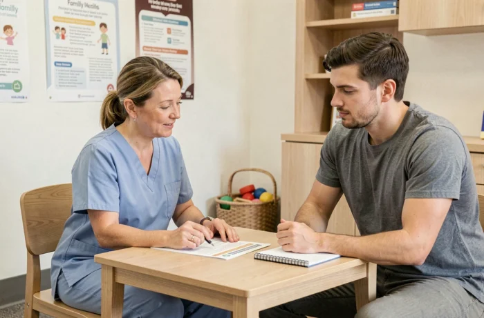 Infirmière pédiatrique conseillant un jeune père lors d'une consultation parentalité dans un centre de santé