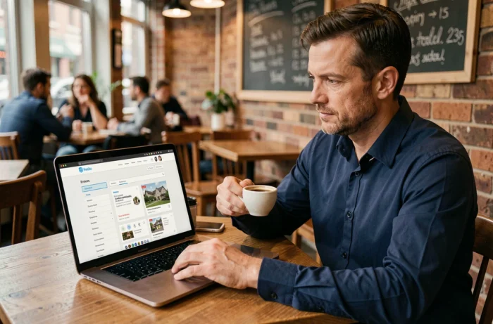 Homme consultant le plan d'un site immobilier sur ordinateur portable dans un café urbain