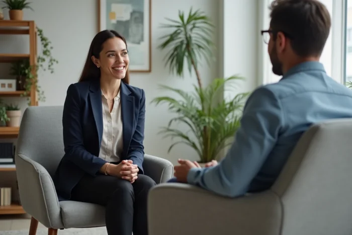Femme en consultation avec un thérapeute dans un cabinet apaisant, illustrant l'accompagnement professionnel lors de l'arrêt de l'alcool