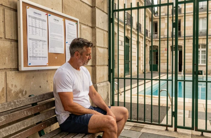 Homme consultant les horaires d'ouverture affichés à l'entrée de la piscine pour éviter l'affluence