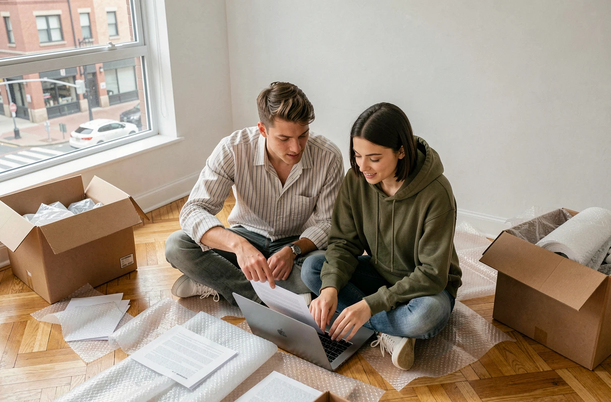 Couple effectuant ensemble les démarches de changement d'adresse dans leur nouvel appartement vide
