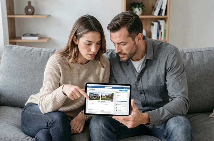 Couple cherchant un bien immobilier ensemble via le plan de navigation d'un site sur tablette