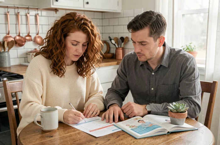 Couple de jeunes parents consultant des ressources et un guide de puériculture ensemble dans leur cuisine, soutien au quotidien