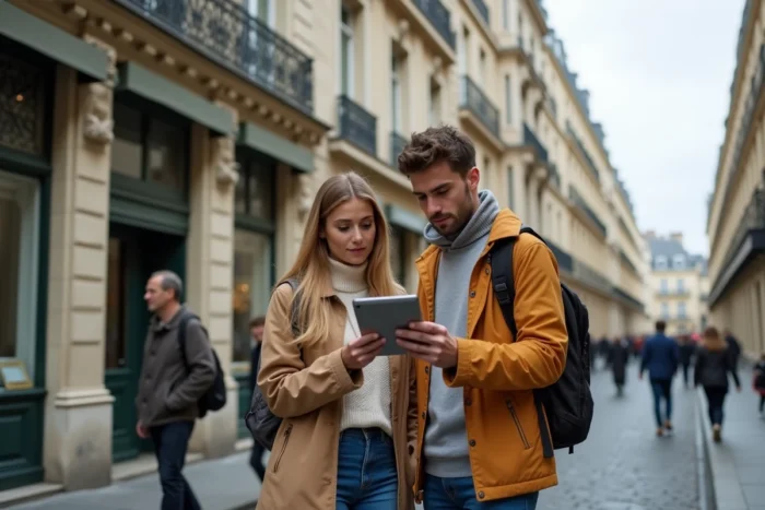 Un couple consulte une application immobilière devant un immeuble haussmannien parisien, symbolisant l'accès facilité à l'achat immobilier grâce aux nouvelles technologies en France