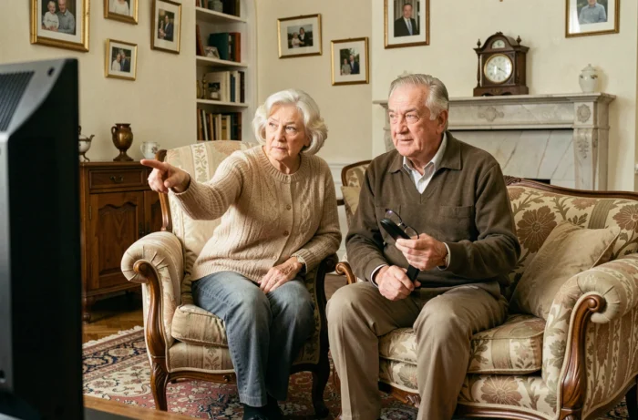 Couple de seniors regardant la liste des chaînes TNT payantes disponibles sur leur télévision
