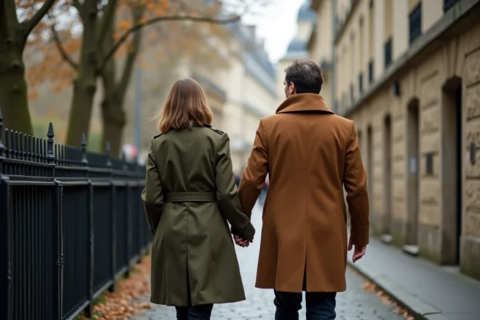 Couple marchant discrètement dans une rue pavée de Paris, illustrant la protection de la vie privée face aux médias